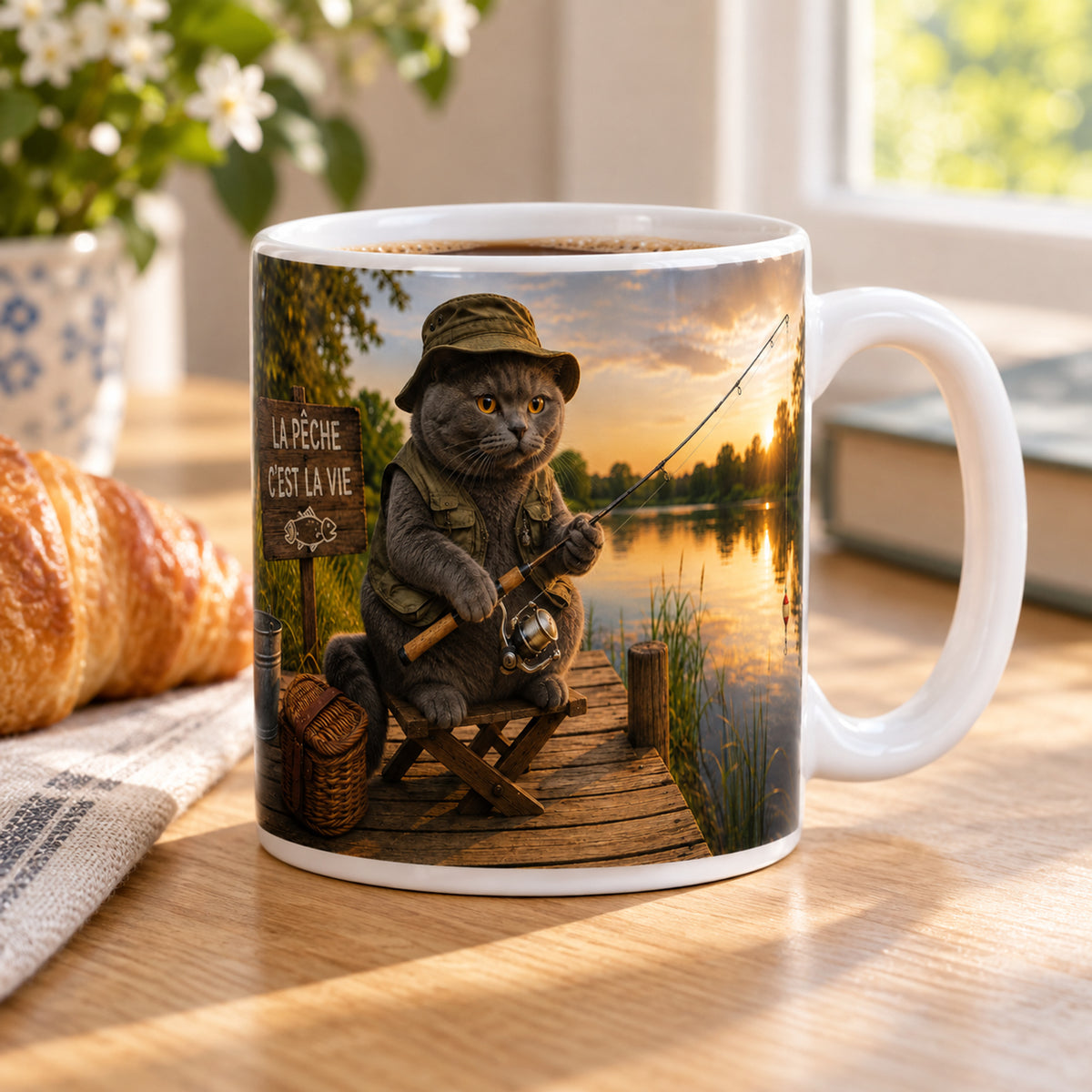 Mug Chat Pêcheur « La Pêche c'est la Vie » posé sur une table en bois avec un croissant, pause café