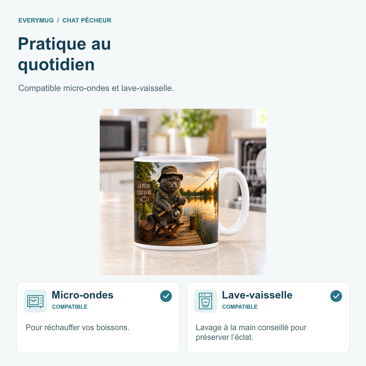 Mug Chat Pêcheur compatible micro-ondes et lave-vaisselle, dans une cuisine
