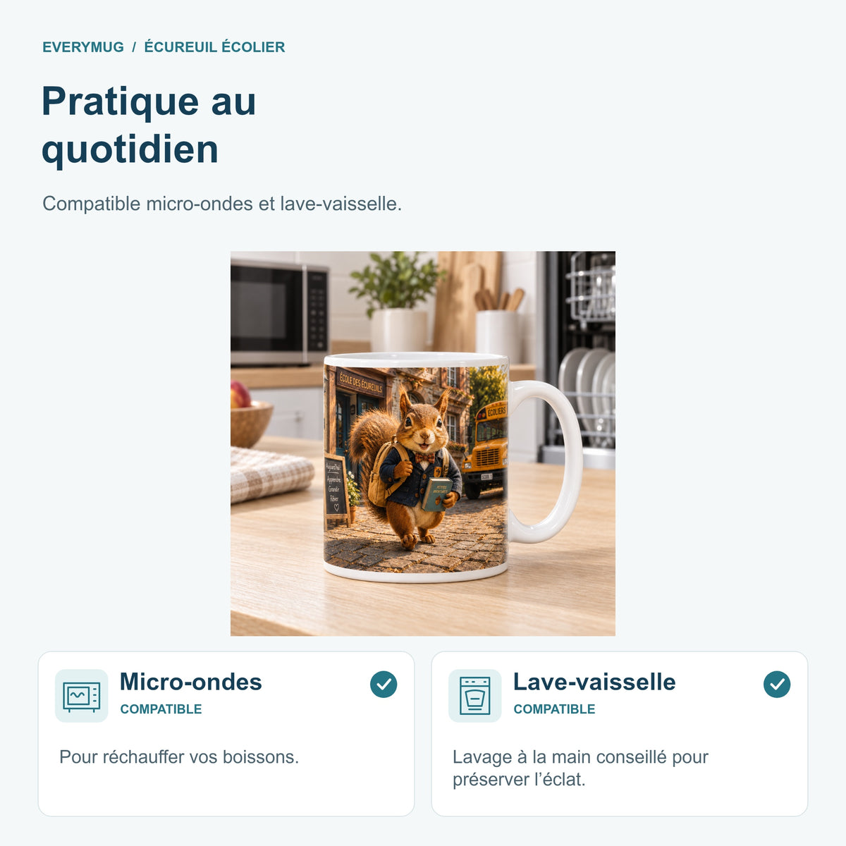 Mug Écureuil Écolier compatible micro-ondes et lave-vaisselle, dans une cuisine