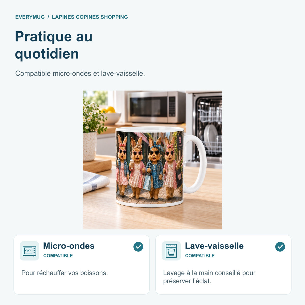 Mug Lapines Copines Shopping compatible micro-ondes et lave-vaisselle, dans une cuisine