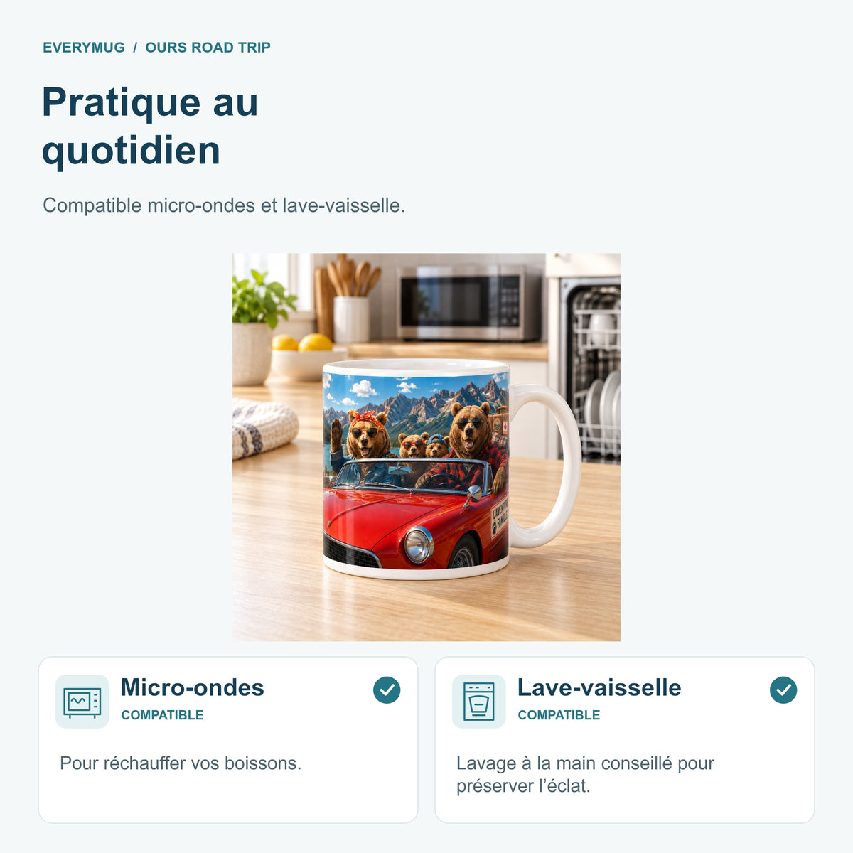 Mug Ours Road Trip compatible micro-ondes et lave-vaisselle, dans une cuisine