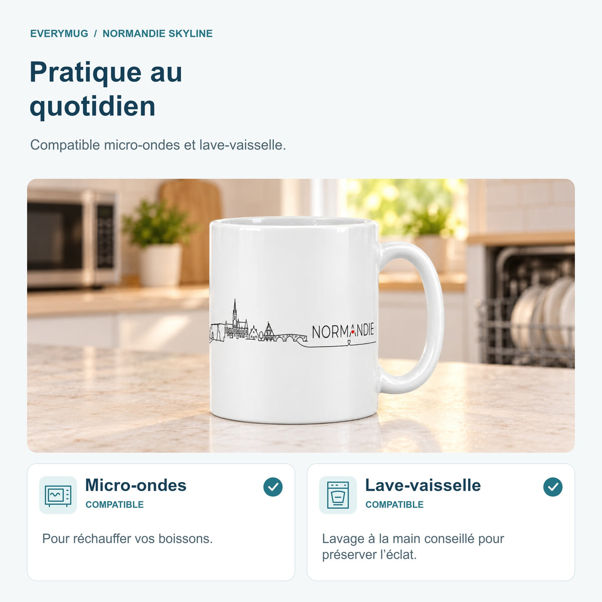 Mug Normandie Skyline compatible micro-ondes et lave-vaisselle, dans une cuisine