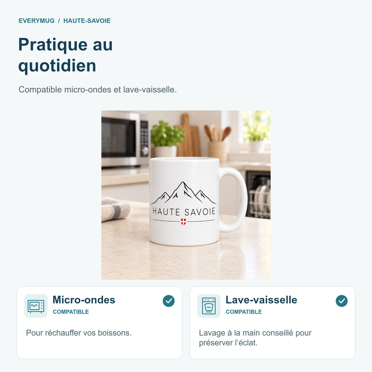 Mug Haute-Savoie compatible micro-ondes et lave-vaisselle, dans une cuisine