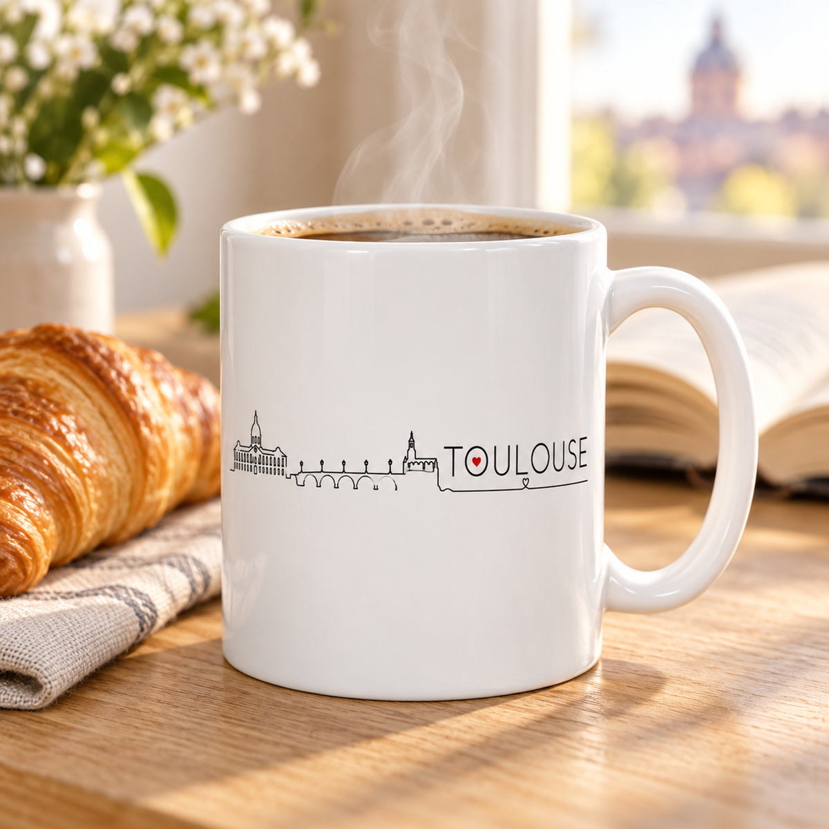 Mug Toulouse Skyline « Capitole & Pont Neuf » posé sur une table en bois avec un croissant, pause café