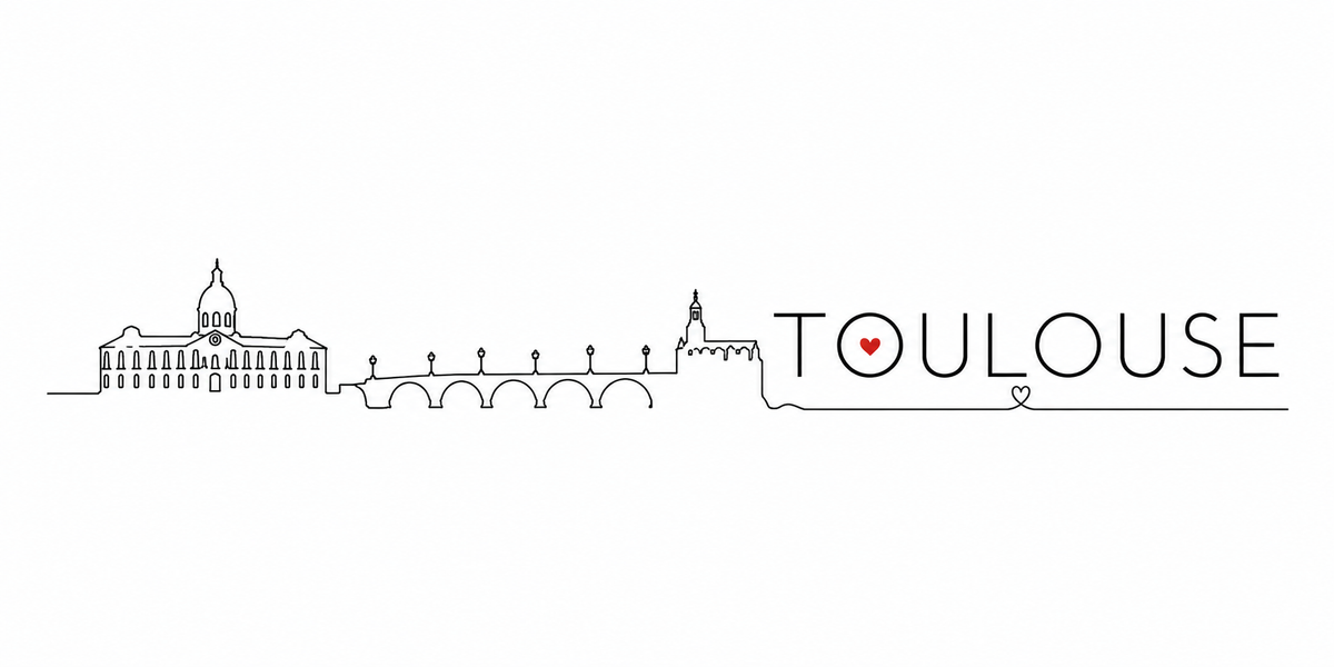 Visuel Toulouse : Capitole, arches du pont sur la Garonne, TOULOUSE avec cœur rouge dans le O