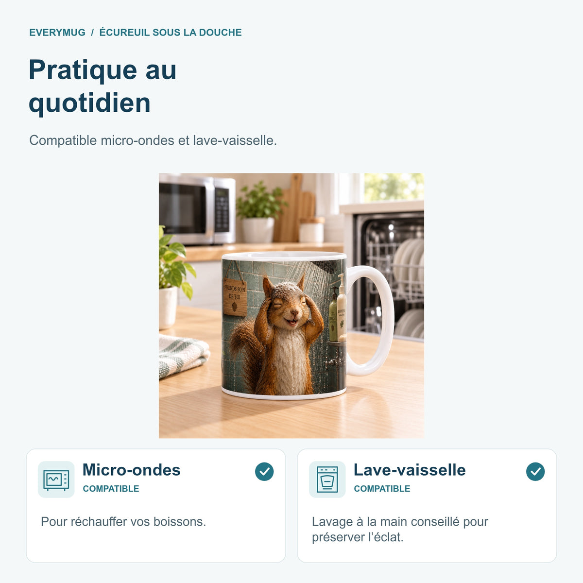 Mug Écureuil sous la Douche compatible micro-ondes et lave-vaisselle, dans une cuisine