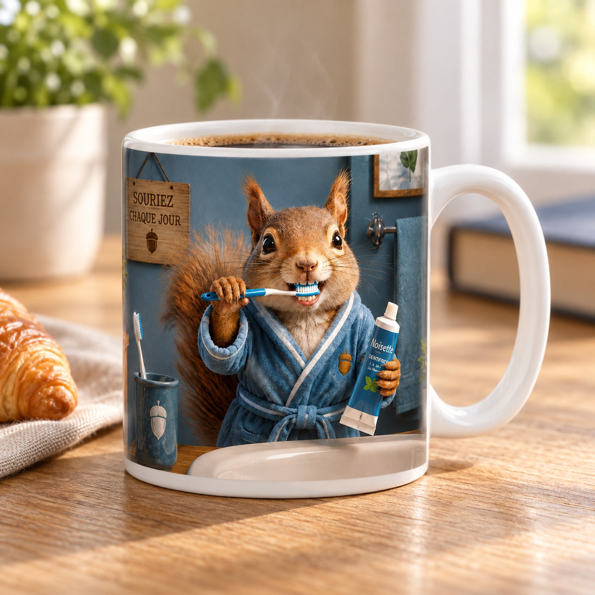 Mug Écureuil Souriez Chaque Jour « Brossage Matinal » posé sur une table en bois avec un croissant, pause café