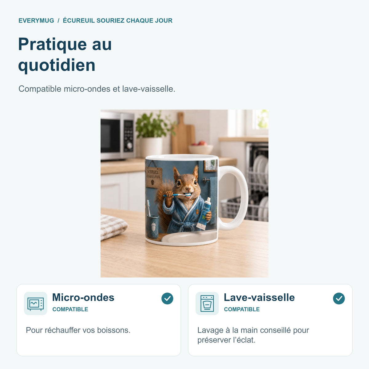 Mug Écureuil Souriez Chaque Jour compatible micro-ondes et lave-vaisselle, dans une cuisine
