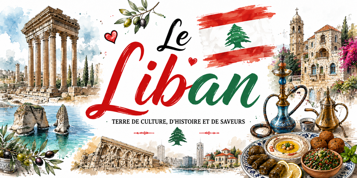 Affiche Liban : le titre « Le Liban » en calligraphie rouge et verte avec le drapeau au cèdre, la mention « Terre de culture, d'histoire et de saveurs », des colonnes antiques et des rochers en mer à gauche, des maisons de pierre à toits de tuiles et une église à droite, un narguilé, un service à café, un mezze de feuilles de vigne et de houmous, des olives et des branches d'olivier