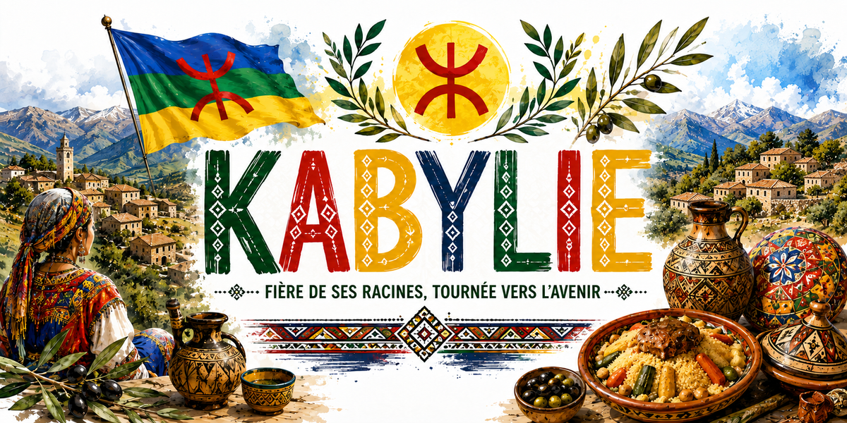 Affiche Kabylie : le drapeau amazigh à gauche, le titre KABYLIE en lettres vertes, rouges et jaunes sous le symbole amazigh et des rameaux d'olivier, la mention « Fière de ses racines, tournée vers l'avenir », un village perché et ses montagnes, un portrait de femme en habit traditionnel, des poteries peintes, un couscous garni, des olives et une frise berbère