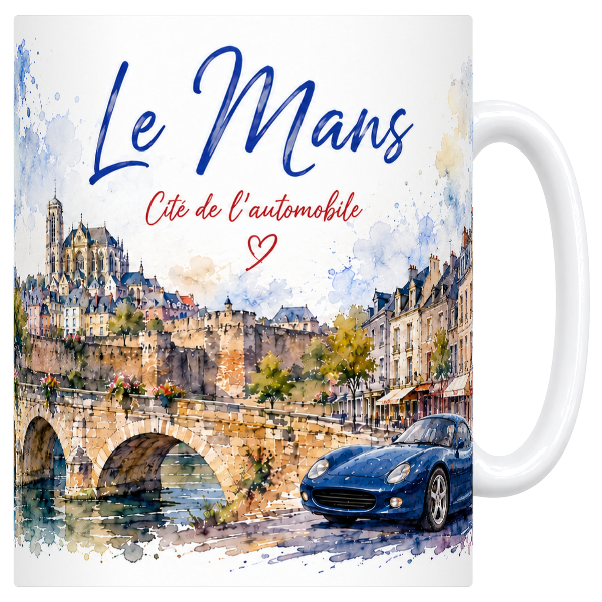 Mug blanc en céramique 330 ml illustré d'une aquarelle du Mans