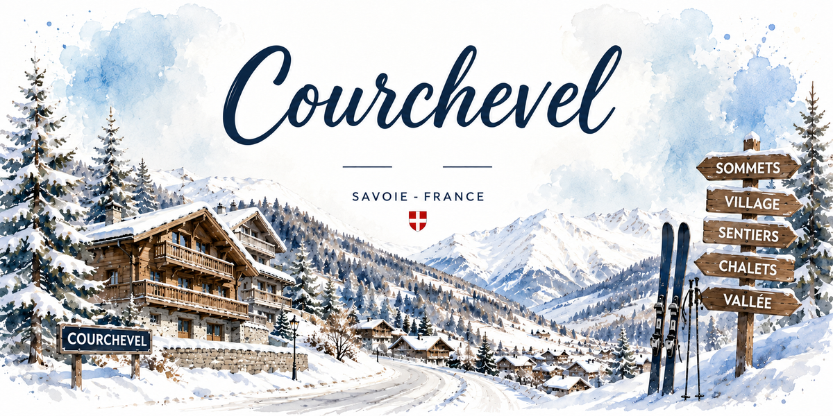 Aquarelle de Courchevel : le nom en lettres cursives bleues et la mention SAVOIE - FRANCE sous une croix de Savoie, un grand chalet de bois enneige a gauche, la vallee et les sommets blancs au centre, un panneau CHOURCHEVEL, des sapins charges de neige et un poteau directionnel en bois vers sommets, village, sentiers, chalets et vallee avec une paire de skis
