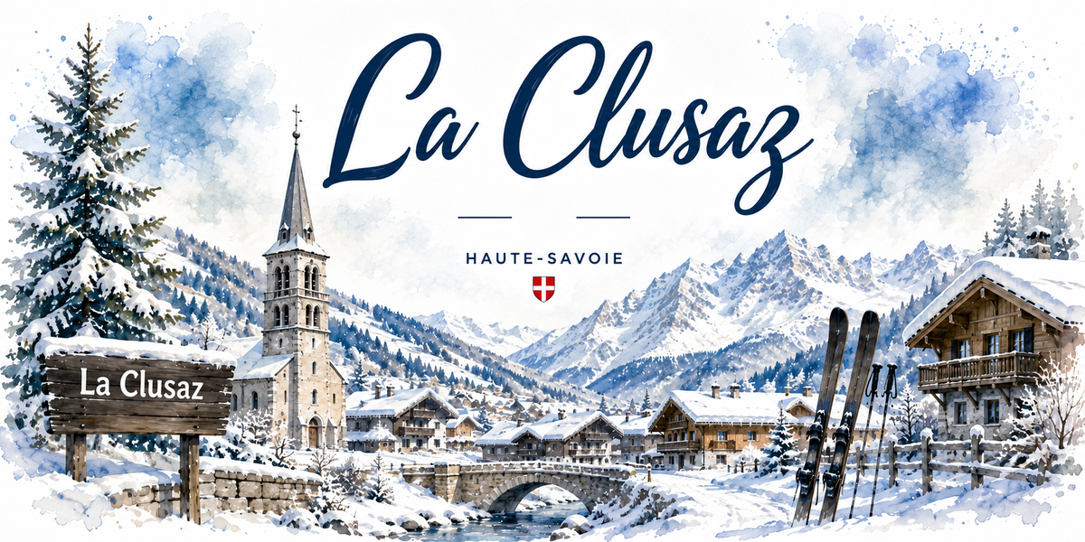 Aquarelle de La Clusaz : le nom en lettres cursives bleues et la mention HAUTE-SAVOIE sous une croix de Savoie, le clocher du village et ses chalets enneiges, un pont de pierre sur le torrent, les sommets des Aravis au fond, un panneau de bois La Clusaz, des sapins charges de neige et une paire de skis contre un chalet