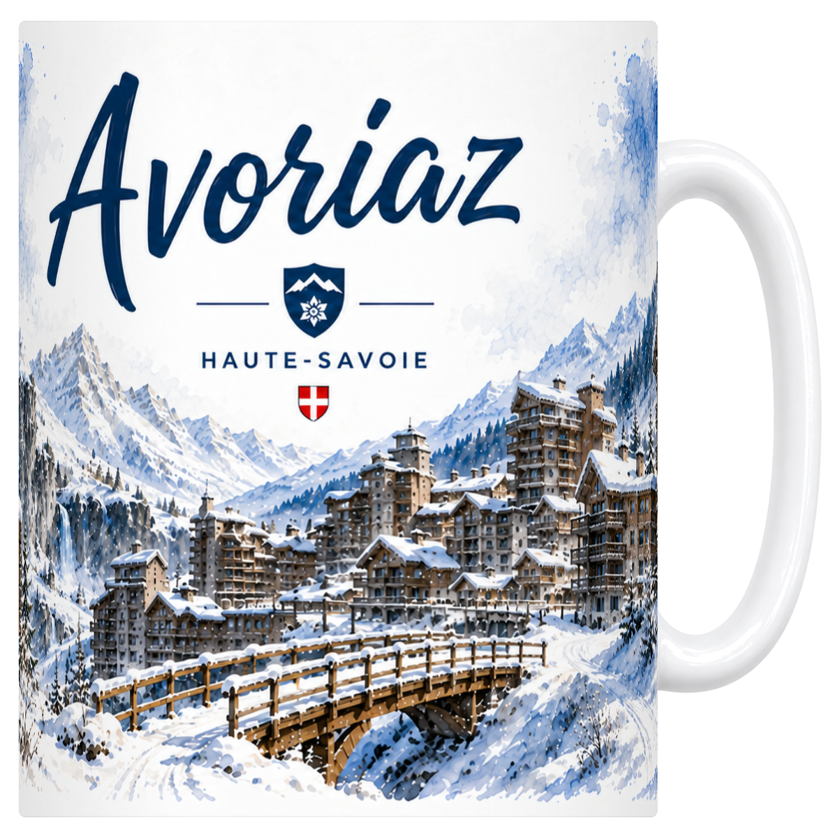 Mug blanc en céramique 330 ml illustré d'une aquarelle d'Avoriaz en Haute-Savoie