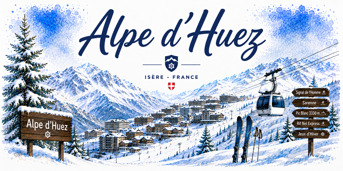 Aquarelle bleue de l'Alpe d'Huez : le nom en calligraphie, la mention ISÈRE - FRANCE, un panneau de bois, des sapins enneigés, la station et les massifs au fond, une cabine de télécabine, des skis plantés dans la neige et des panneaux directionnels de pistes