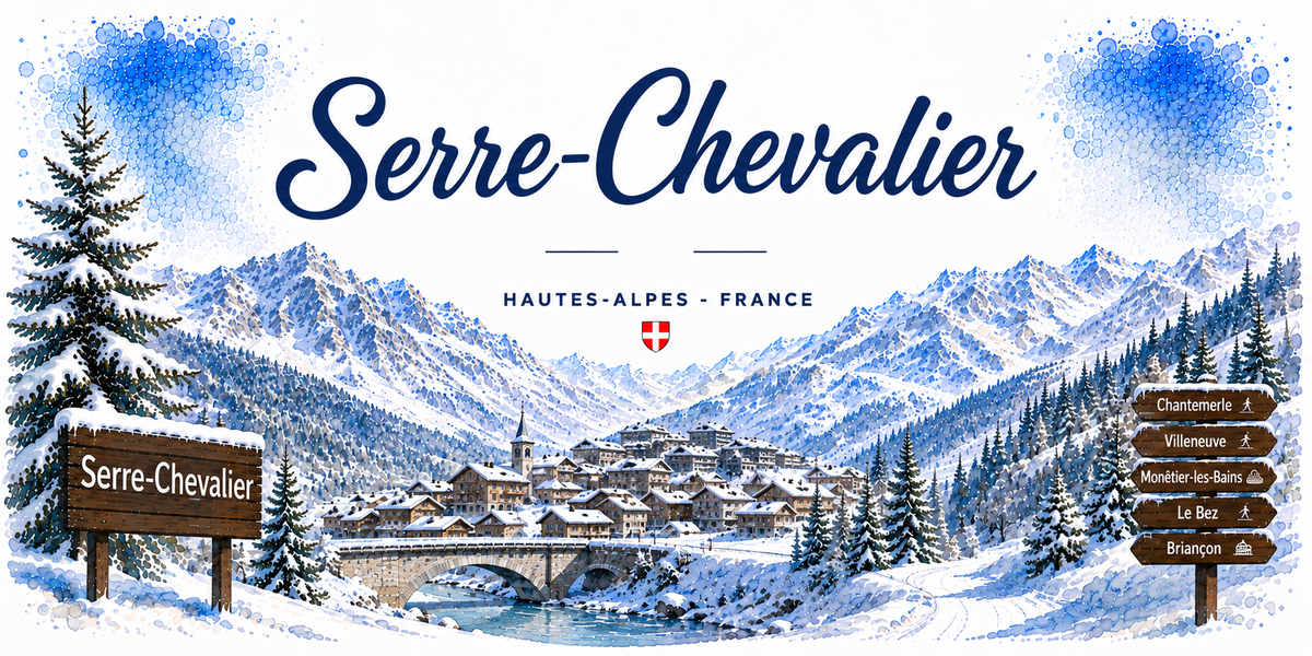Aquarelle de Serre-Chevalier : le nom en lettres cursives bleues et la mention HAUTES-ALPES - FRANCE, un village enneige et son clocher au creux de la vallee, un pont de pierre sur le torrent, les sommets blancs tout autour, des sapins charges de neige, un panneau de bois Serre-Chevalier et un poteau directionnel vers Chantemerle, Villeneuve, Monetier-les-Bains, Le Bez et Briancon