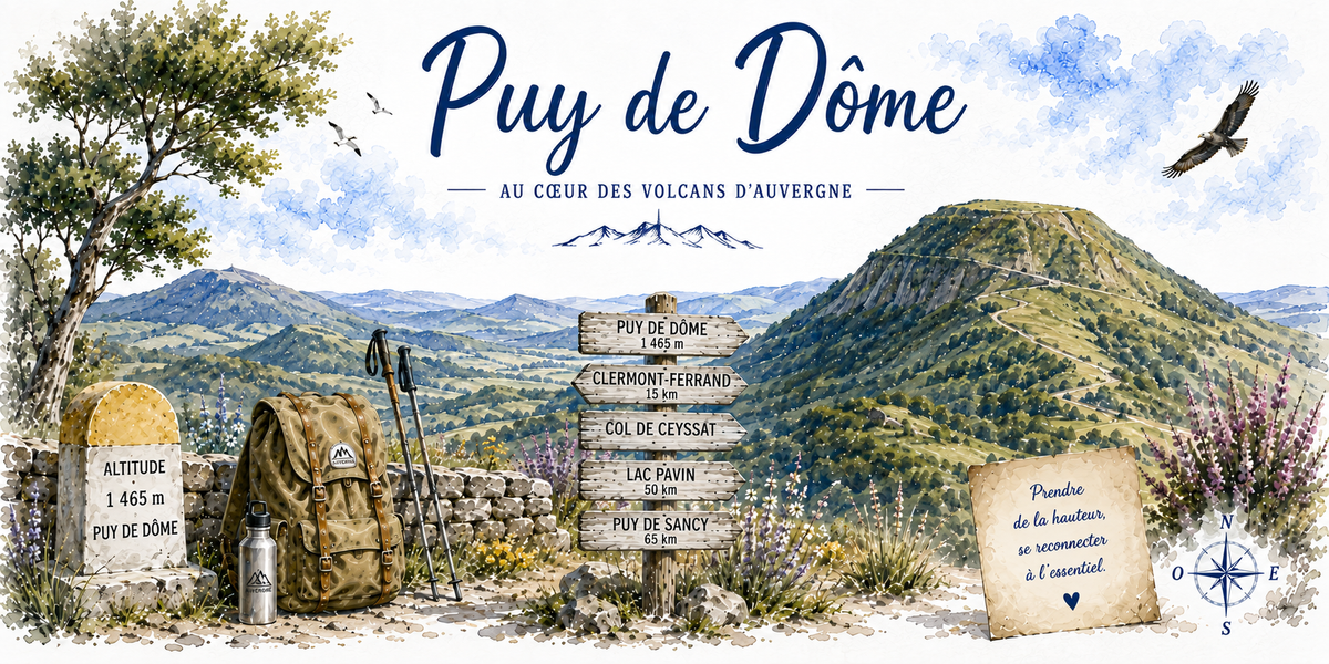 Aquarelle du puy de Dome : le nom en lettres cursives bleues et le sous-titre Au coeur des volcans d'Auvergne, la chaine des puys et le dome herbeux a droite, un poteau directionnel en bois vers le puy de Dome, Clermont-Ferrand, le col de Ceyssat, le lac Pavin et le puy de Sancy, une borne ALTITUDE 1465 m, un sac a dos et des batons de randonnee