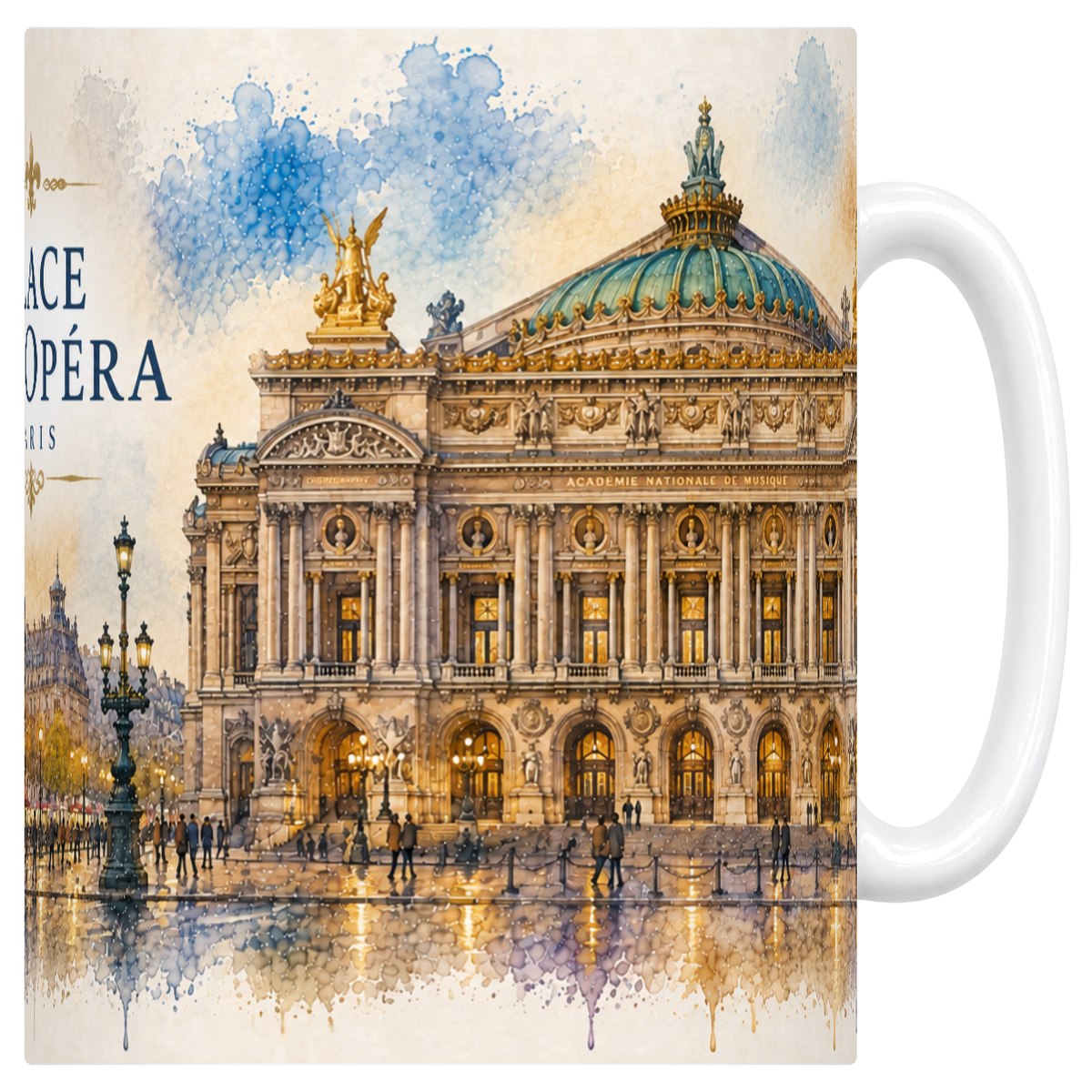 Mug blanc en ceramique 330 ml illustre d'une aquarelle de la place de l'Opera a Paris