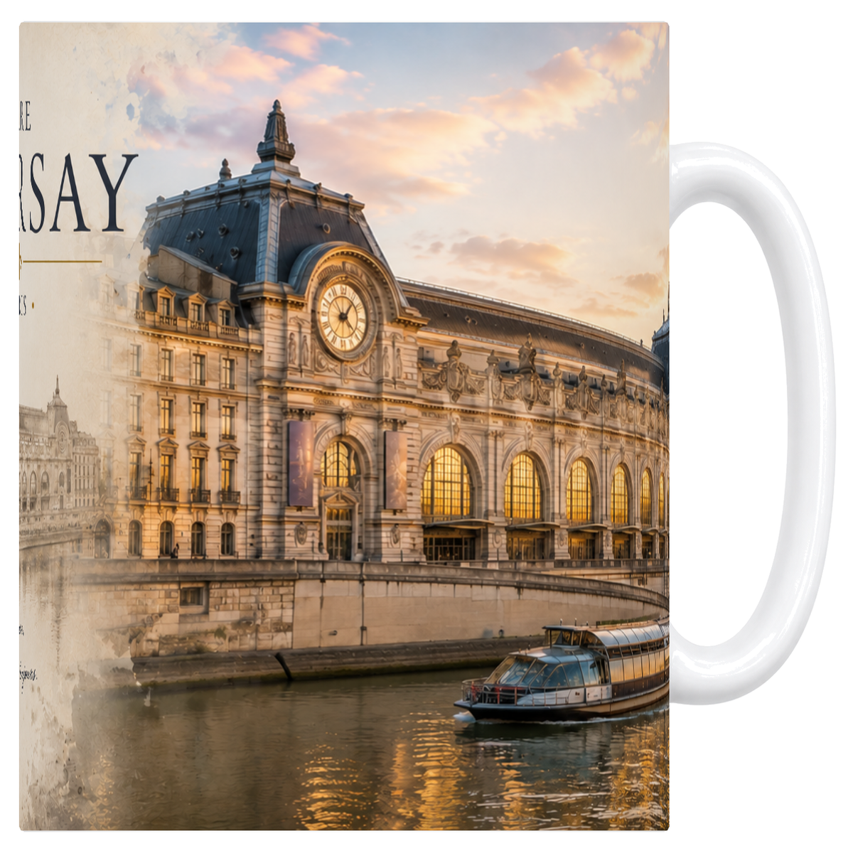Mug blanc en ceramique 330 ml illustre d'une photographie de la gare d'Orsay a Paris