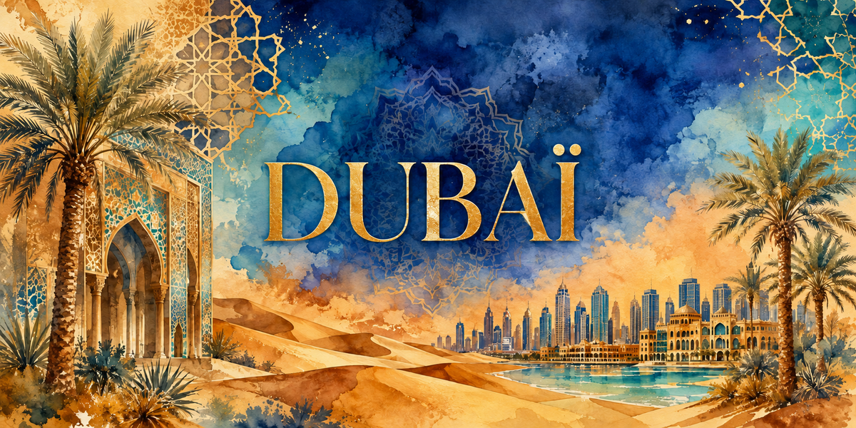 Panorama de Dubaï à l'aquarelle : le nom DUBAÏ en lettres dorées sur un ciel bleu nuit à motifs géométriques, une arcade orientale et des palmiers à gauche, des dunes de sable au centre et une ligne de gratte-ciel au bord de l'eau turquoise à droite