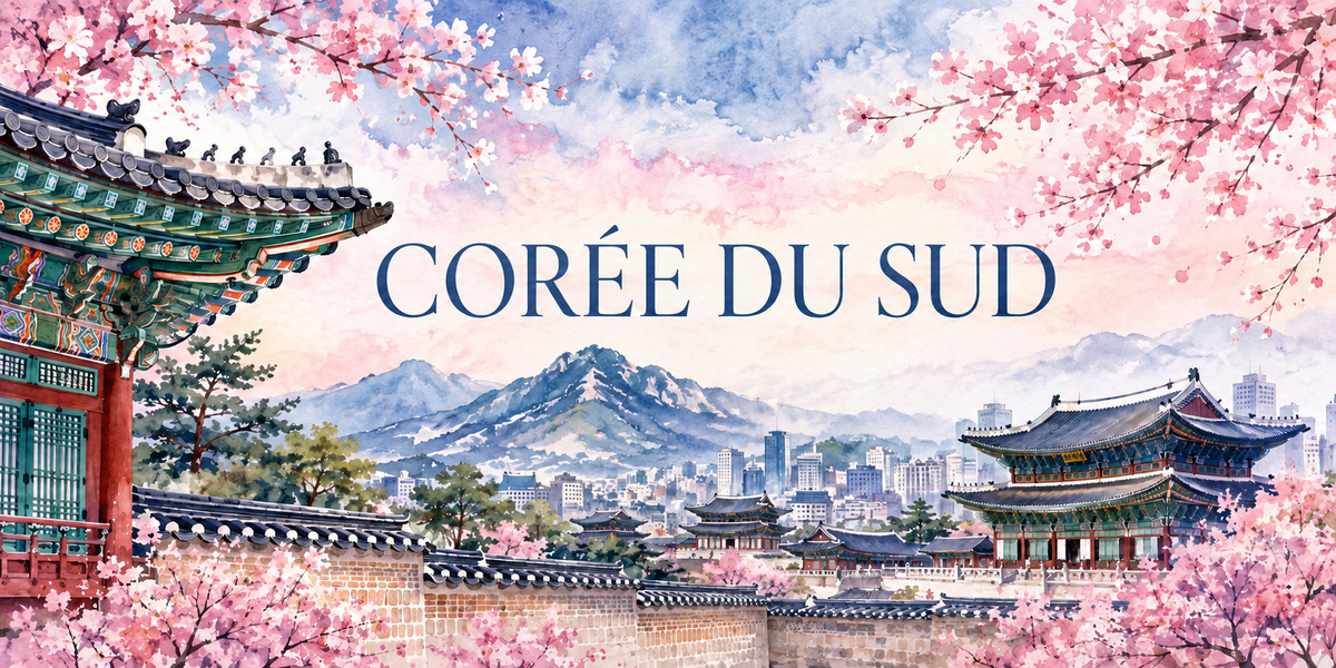 Panorama de Corée du Sud à l'aquarelle : le nom CORÉE DU SUD en capitales bleues, des branches de cerisiers en fleurs en haut, des toits de pavillons traditionnels à gauche et à droite, un palais de bois au bord d'un bassin et des montagnes devant une ville moderne