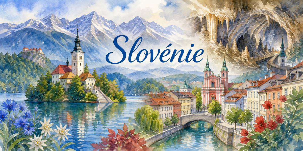 Aquarelle de la Slovenie : le nom en lettres cursives bleues, une eglise sur une ile au milieu d'un lac de montagne et un chateau perche a gauche, les Alpes juliennes enneigees au fond, une grotte a concretions, une eglise baroque rose, les facades et un pont de la vieille ville de Ljubljana, des edelweiss et des fleurs au premier plan