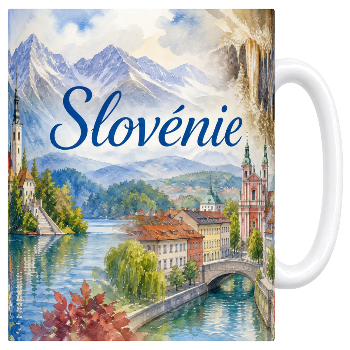 Mug blanc en ceramique 330 ml illustre d'une aquarelle de la Slovenie