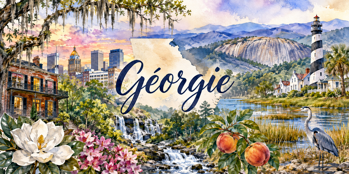 Panorama de Géorgie à l'aquarelle : le nom Géorgie en calligraphie bleue sur la silhouette de l'État, une maison ancienne à balcons de fer forgé et des gratte-ciel à gauche, une cascade et un dôme rocheux au centre, un phare à spirale noire et blanche à droite, un héron, des pêches et un magnolia