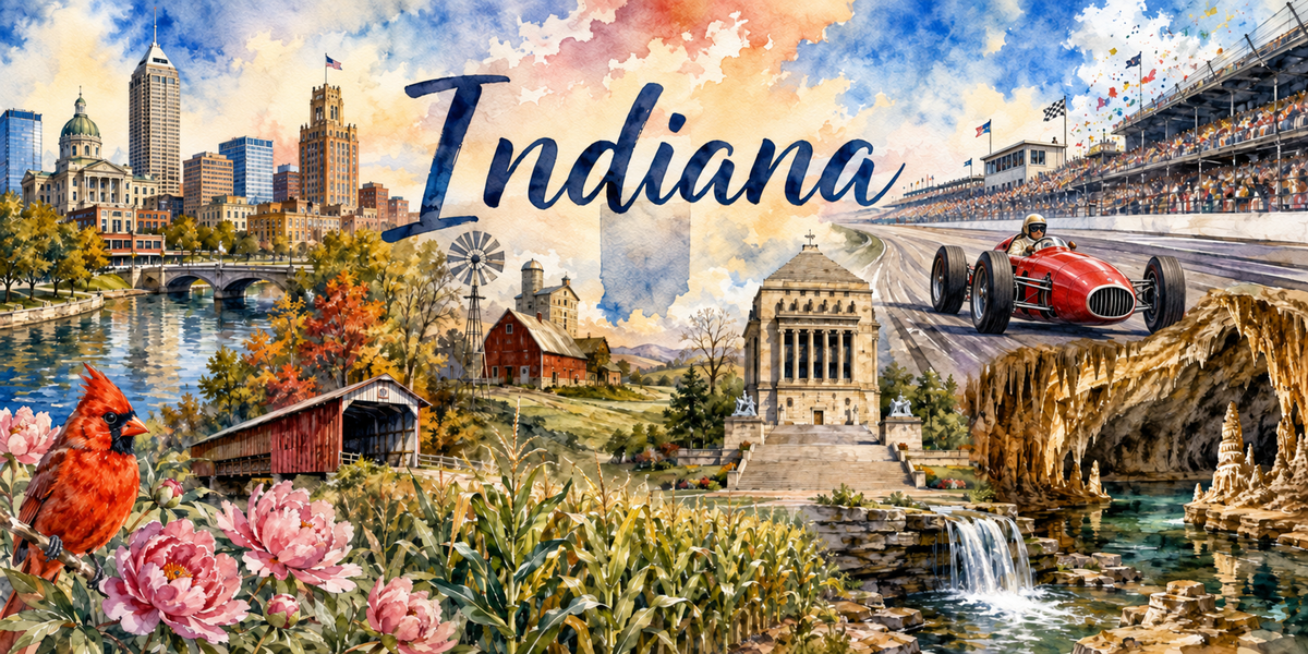 Panorama de l'Indiana à l'aquarelle : le nom Indiana en calligraphie bleue, une ligne de gratte-ciel au bord d'une rivière à gauche, un pont couvert rouge et un cardinal au premier plan, un monument à colonnes et des champs de maïs au centre, une voiture de course rouge sur un circuit et une grotte à concrétions à droite