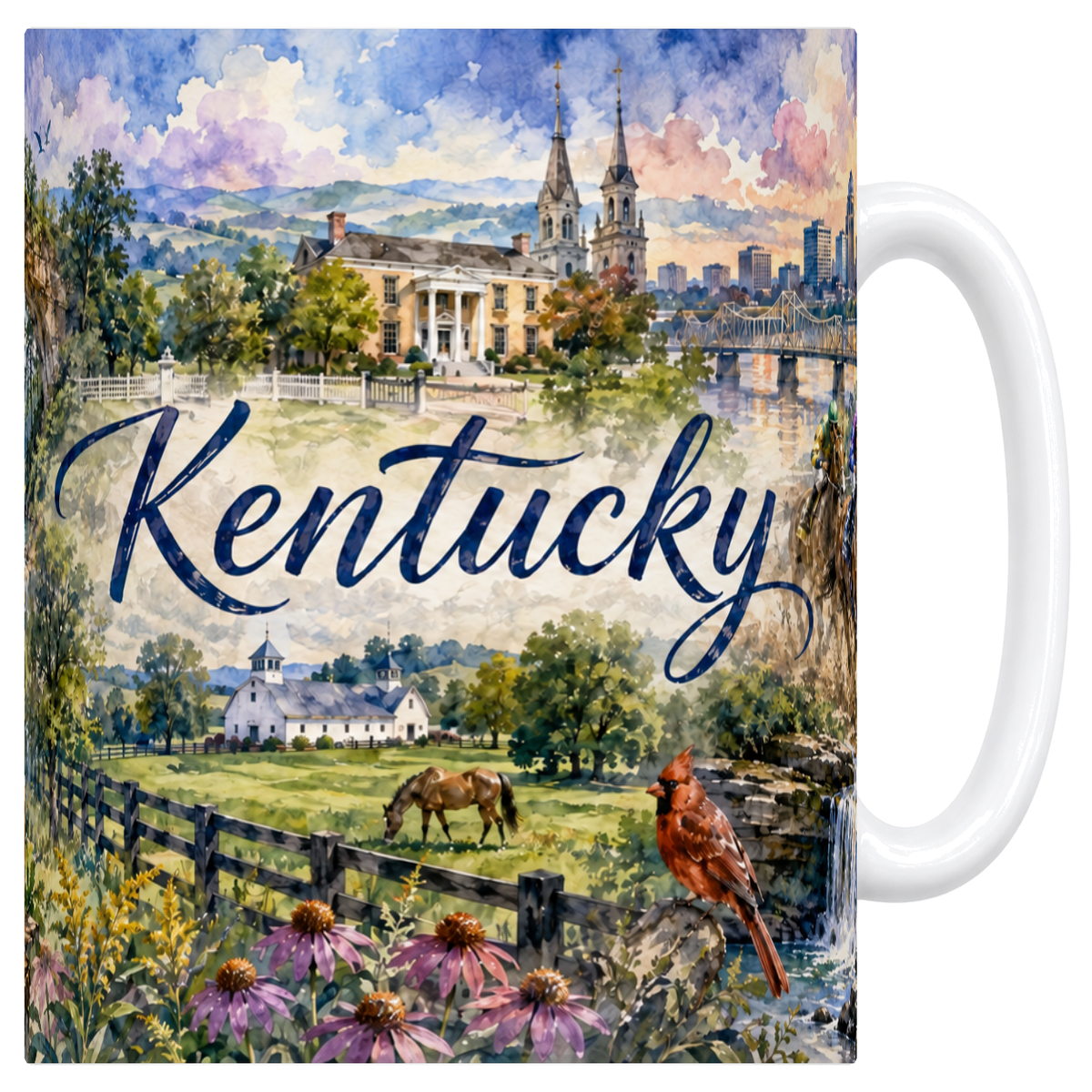 Mug blanc en céramique 330 ml illustré d'un panorama aquarelle du Kentucky