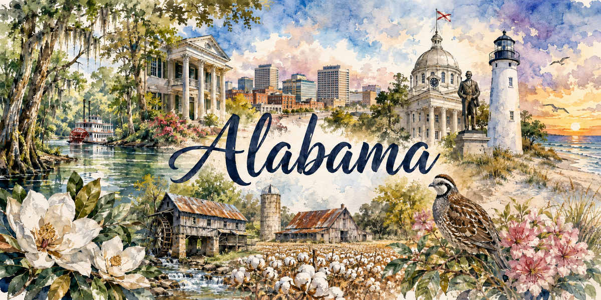 Panorama de l'Alabama à l'aquarelle : le nom Alabama en calligraphie bleue, un bayou à cyprès et un vapeur à roue à gauche, une demeure à colonnes blanches et des gratte-ciel au centre, un capitole à coupole et un phare blanc à droite, un moulin à eau, des champs de coton, un magnolia et une caille