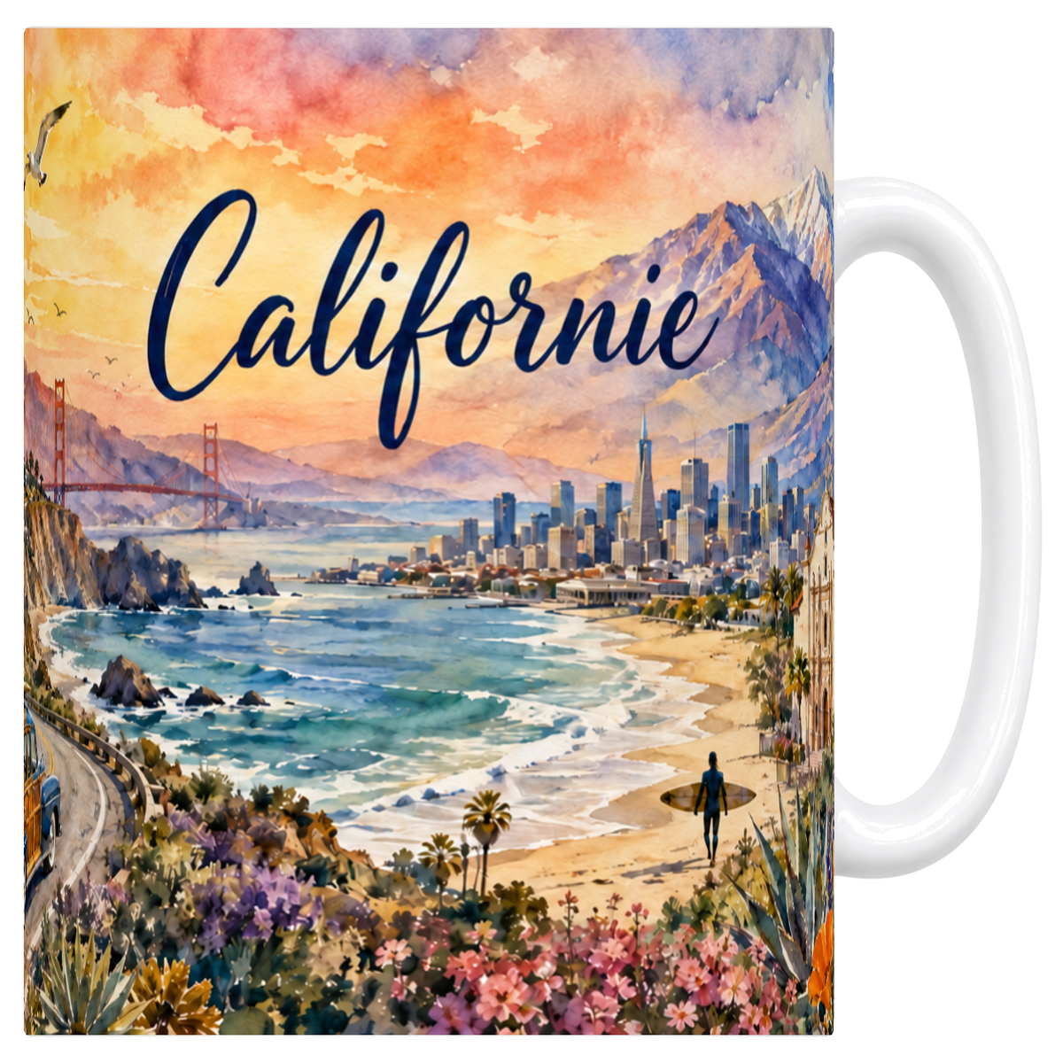 Mug blanc en céramique 330 ml illustré d'un panorama aquarelle de la Californie
