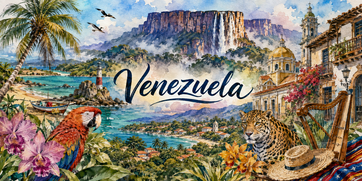 Affiche Venezuela : le nom en lettres cursives bleues, un tepuy et sa chute d'eau au centre, une cote turquoise et un phare a gauche, un ara rouge et des orchidees, un jaguar, une harpe llanera, un chapeau de paille et des facades coloniales a droite