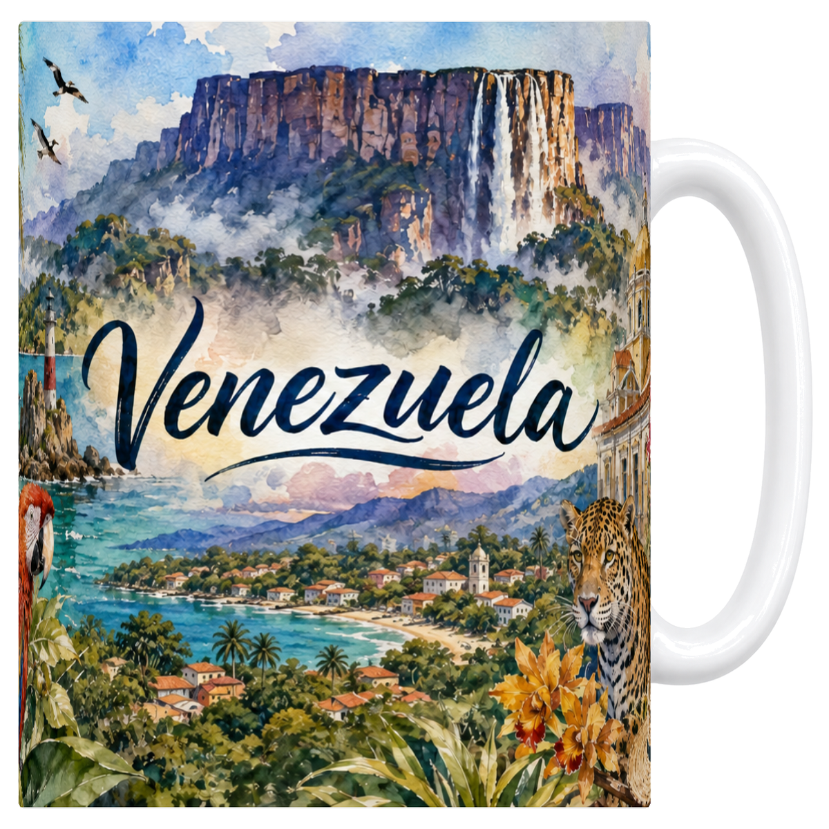 Mug blanc en ceramique 330 ml illustre sur le theme du Venezuela