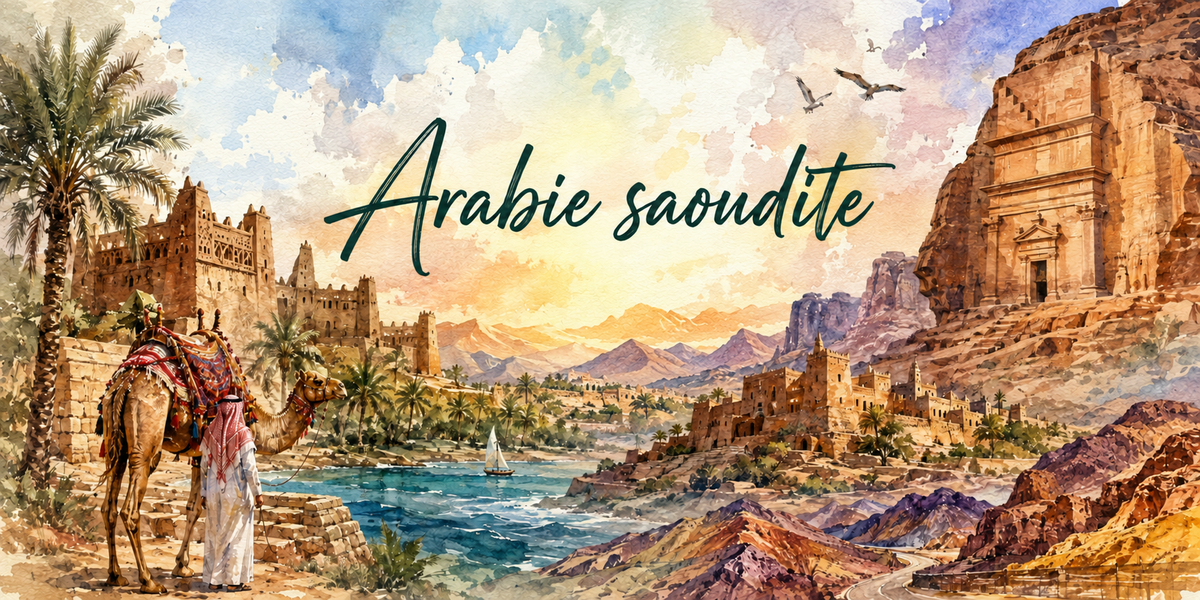 Panorama d'Arabie saoudite à l'aquarelle : le nom Arabie saoudite en calligraphie verte, un homme en tenue traditionnelle et son dromadaire sous les palmiers à gauche, des bâtisses de terre crénelées et une oasis au centre, des montagnes ocre et une façade taillée dans la roche à droite