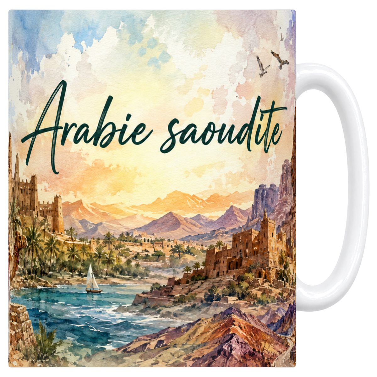 Mug blanc en céramique 330 ml illustré d'un panorama aquarelle de l'Arabie saoudite