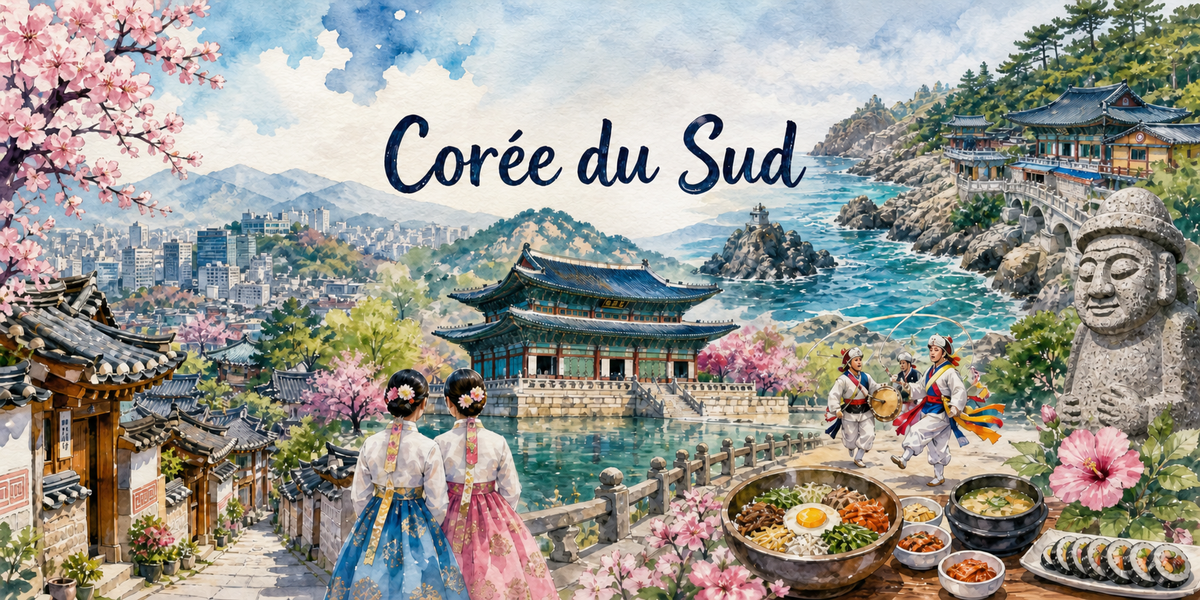 Panorama de Corée du Sud à l'aquarelle : le nom Corée du Sud en capitales bleues, une ruelle de maisons traditionnelles à gauche, deux femmes en robes colorées de dos, un pavillon de bois sur un bassin au centre, des danseurs en costume, une statue de pierre à grands yeux et un repas coréen en bols à droite
