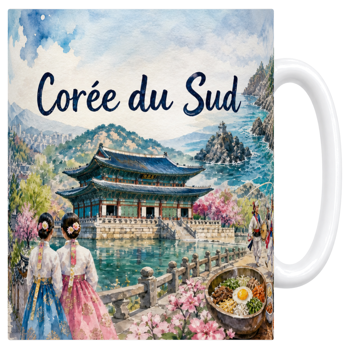 Mug blanc en céramique 330 ml illustré d'un panorama aquarelle de la Corée du Sud