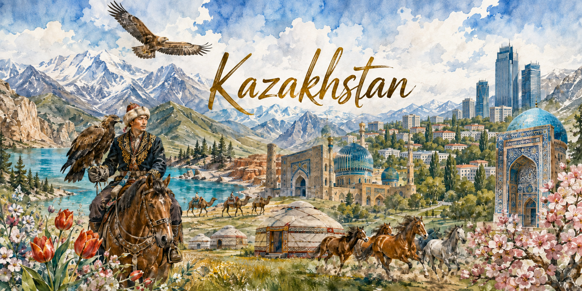 Panorama du Kazakhstan à l'aquarelle : le nom Kazakhstan en calligraphie dorée, un aigle en vol, un cavalier en manteau brodé portant un aigle au poing à gauche, des montagnes enneigées, des yourtes et des chevaux au galop au centre, des édifices à coupoles turquoise et des gratte-ciel à droite