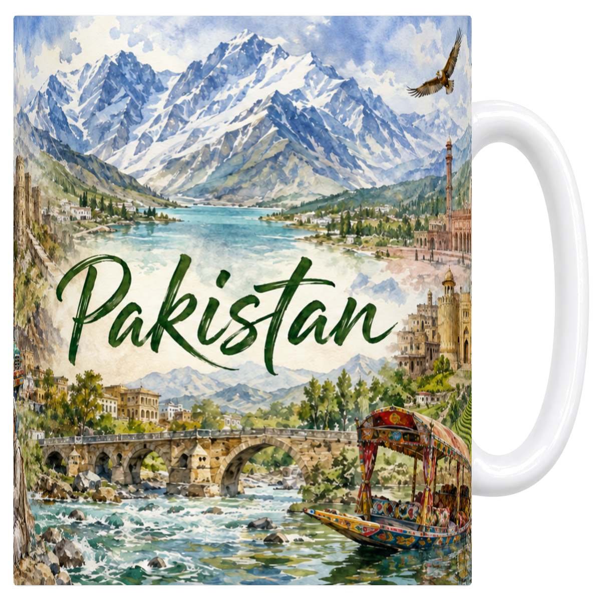 Mug blanc en céramique 330 ml illustré d'une aquarelle du Pakistan