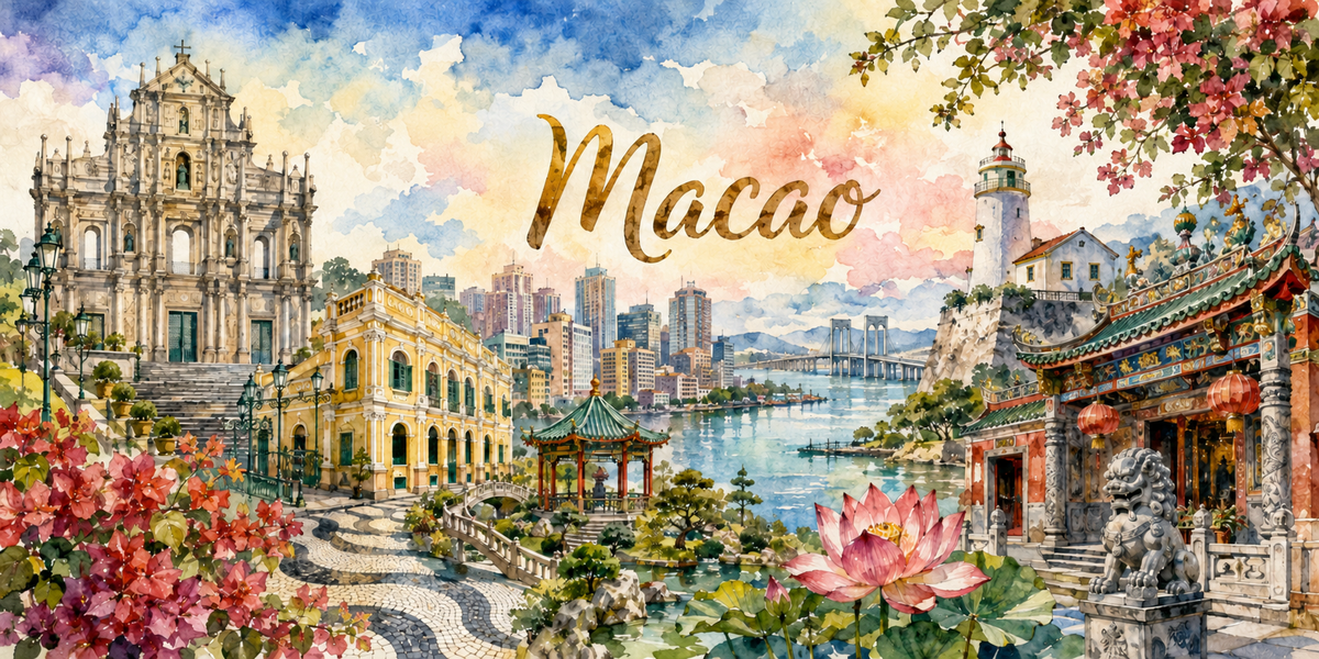 Panorama de Macao à l'aquarelle : le nom Macao en calligraphie dorée, une façade d'église baroque isolée et un bâtiment colonial jaune à gauche, un kiosque chinois, une baie et un pont au centre, un phare, un temple à lanternes rouges et un lion de pierre à droite, un lotus rose au premier plan