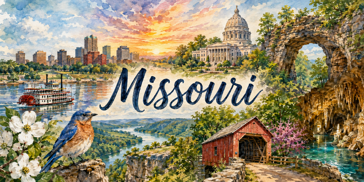 Panorama du Missouri à l'aquarelle : le nom Missouri en calligraphie bleue, une ligne de gratte-ciel au bord du fleuve à gauche, un vapeur à roue rouge et un merle bleu au premier plan, un capitole à coupole au centre, une grande arche de pierre naturelle et une grotte à concrétions à droite, une grange rouge
