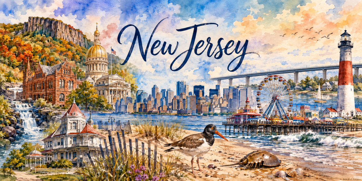 Aquarelle du New Jersey : le nom en lettres cursives bleues, une cascade et une falaise basaltique a gauche, un capitole a dome dore, une maison victorienne, une skyline vue de l'autre rive, une grande roue et une jetee d'attractions, un phare raye rouge et blanc, un huitrier et une limule sur la plage