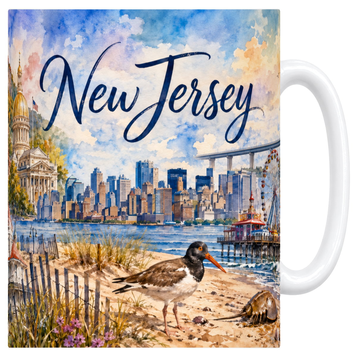 Mug blanc en ceramique 330 ml illustre d'une aquarelle du New Jersey