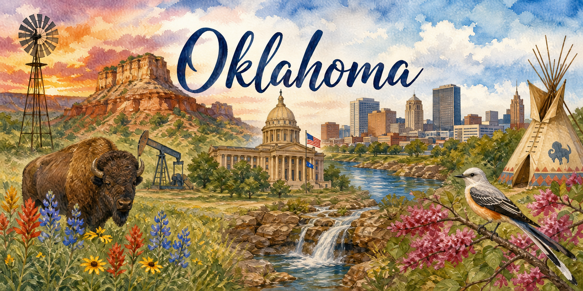 Aquarelle de l'Oklahoma : le nom en lettres cursives bleues, un moulin a vent et une mesa rouge a gauche, un bison et une pompe a petrole, un capitole a dome sous le drapeau americain, les tours du centre-ville, une cascade, un tipi peint et un oiseau a longue queue