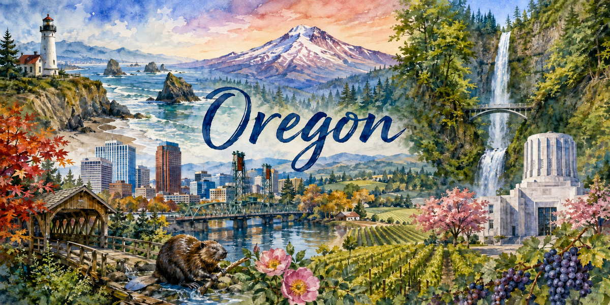 Aquarelle de l'Oregon : le nom en calligraphie bleue, un phare et la côte rocheuse du Pacifique à gauche, un volcan enneigé au centre, une cascade et un belvédère de pierre à droite, la ligne d'immeubles de Portland et son pont métallique, un pont couvert de bois, un castor, des vignes et des fleurs sauvages au premier plan