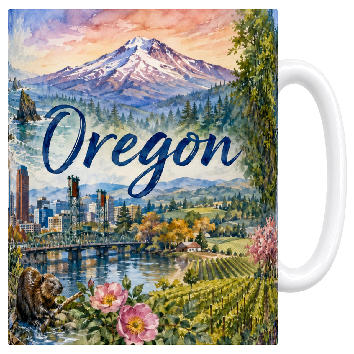 Mug blanc en céramique 330 ml illustré d'une aquarelle de l'Oregon