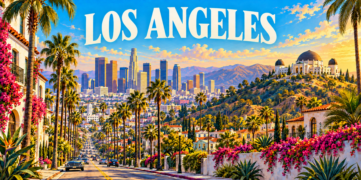 Visuel « LOS ANGELES » : avenue bordée de palmiers, collines, observatoire Griffith et skyline de Downtown