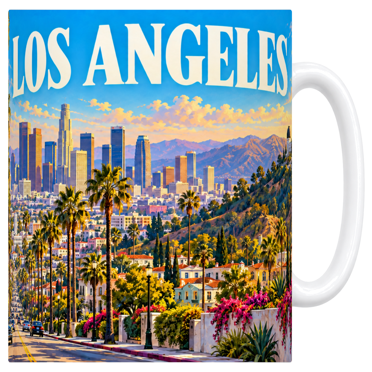 Mug céramique 330 ml « LOS ANGELES » : palmiers, skyline de Downtown et observatoire Griffith