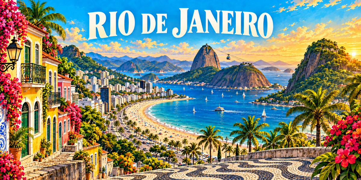 Affiche de Rio de Janeiro : le nom en grandes capitales blanches, des façades colorées et un réverbère à gauche, la ville et la plage en croissant au centre, la baie et ses îles, un piton rocheux desservi par un téléphérique, des palmiers, et le pavage noir et blanc à vagues du trottoir au premier plan